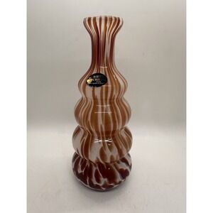 White Cristal Murano Style Hand Blown Art Glass Vase Italy Brown Swirl
